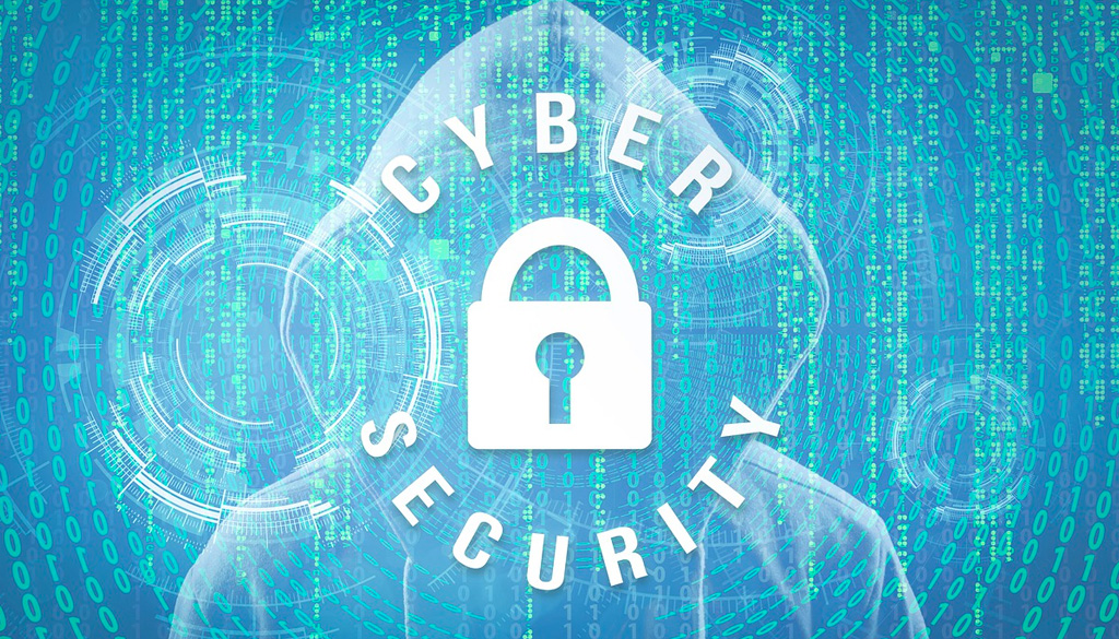 A graphic of a person wearing a hoodie behind a code sequence with a cyber security lock graphic in the middle.